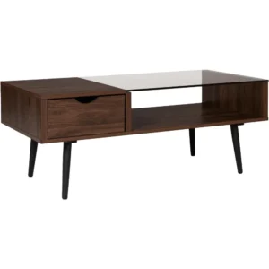Rectangular Glass Top Mid-Century Modern Coffee Table with Dark Walnut Base