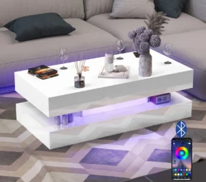 Rectangular High Gloss LED Coffee Table with Storage Drawers