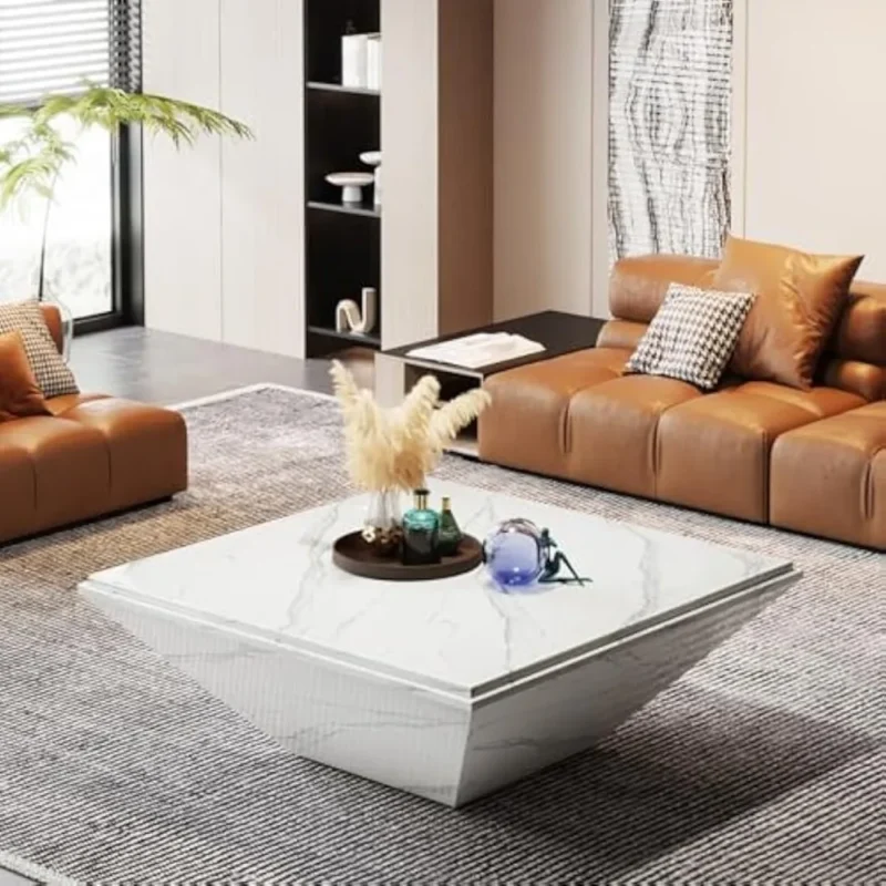 Square Faux Marble Mid-Century Modern Coffee Table with Wooden Base - Image 6