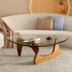 Triangular Glass Mid-Century Modern Coffee Table with Wooden Base
