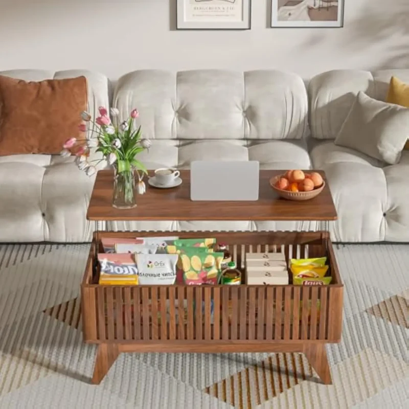 Fluted Lift Top Mid-Century Modern Coffee Table with Hidden Storage - Image 5