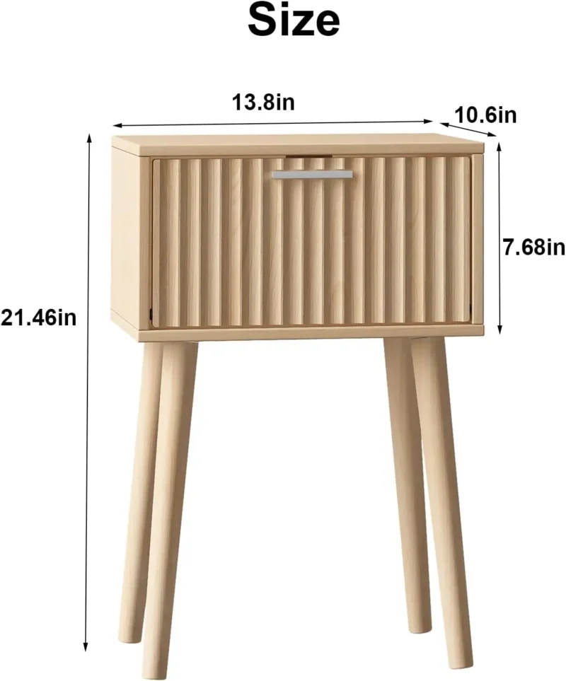 Fluted Door Mid-Century Modern Bedside Tables Set of 2 with Solid Wood Legs - Image 3