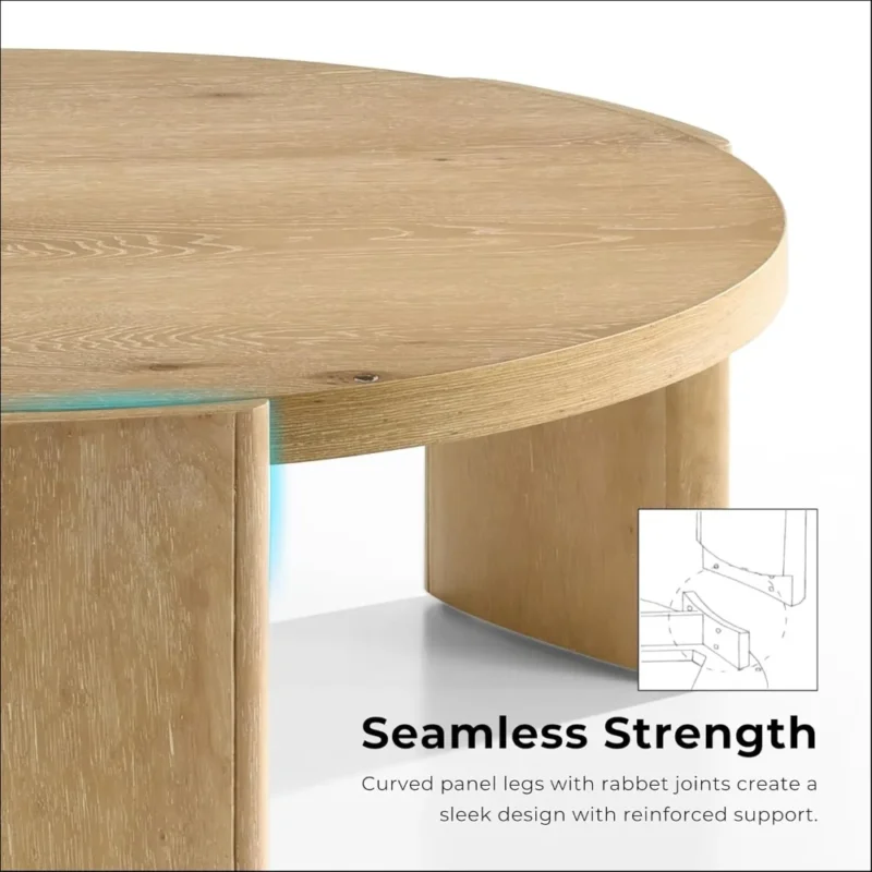 Round Oak Mid-Century Modern Coffee Table with Solid Wood Plinth Base - Image 3