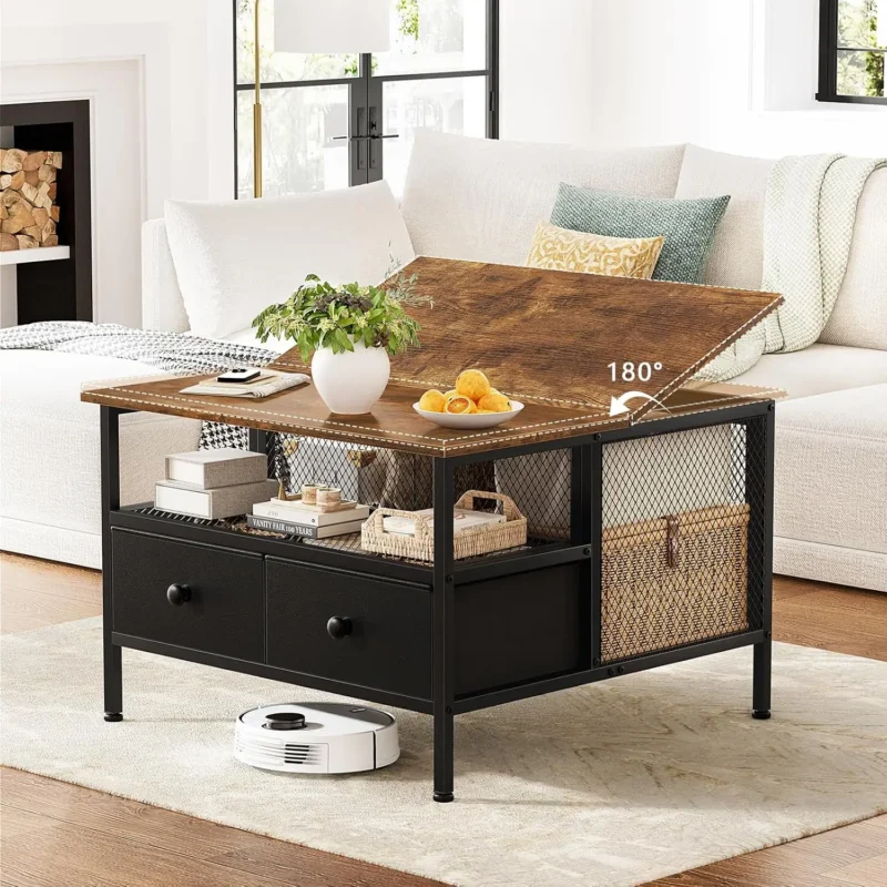 Square Lift-Top Wood Coffee Table with Metal Frame Modern Design - Image 7