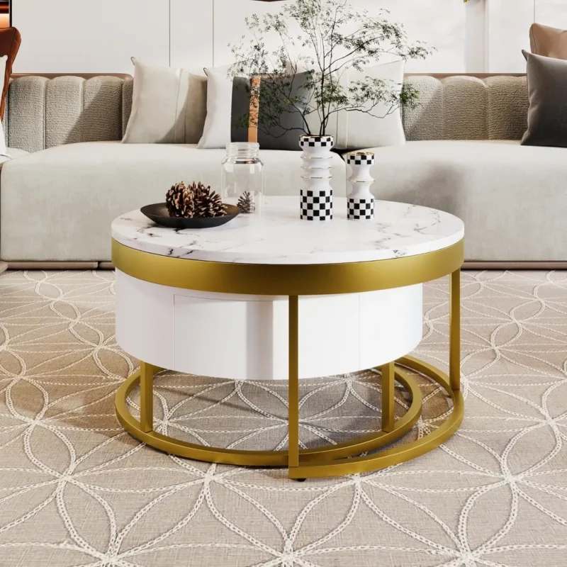 Round Nesting White Coffee Table Set with Storage Drawers - Image 4