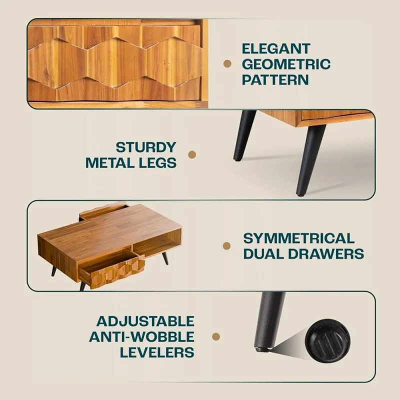 Rectangular Teak Wood Mid-Century Modern Coffee Table with Storage Drawers - Image 5