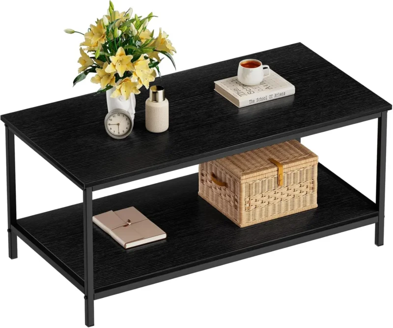 Rectangular Wood Industrial Modern Coffee Table with Storage Shelf - Image 7