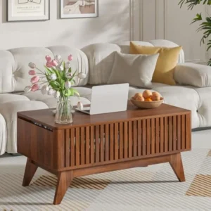 Fluted Lift Top Mid-Century Modern Coffee Table with Hidden Storage