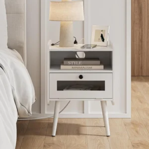 Rectangular Wood Mid-Century Modern Nightstand with Charging Station and Storage Drawer