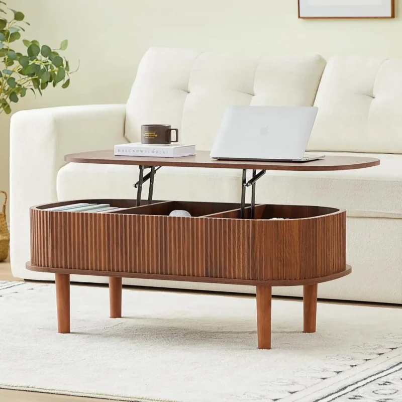 Oval Solid Wood Lift Top Mid-Century Modern Coffee Table with Hidden Storage - Image 7