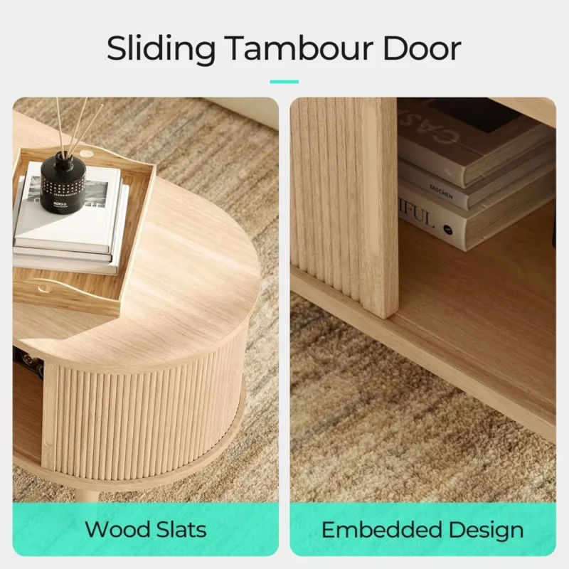 Oval Engineered Wood Mid-Century Modern Coffee Table with Storage Tambour Door - Image 5
