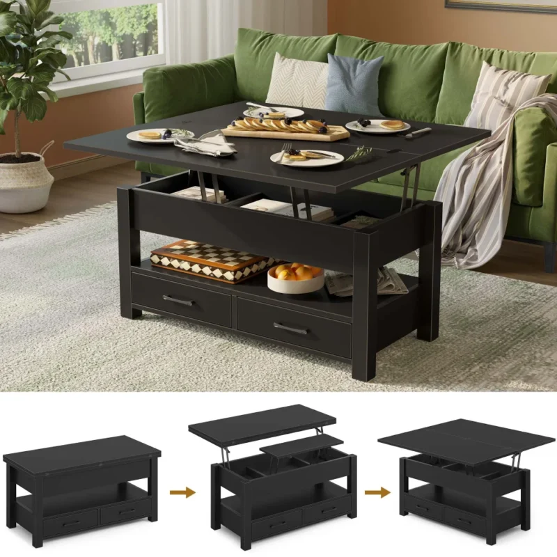 Rectangular Black Lift Top Coffee Table with Storage - 39" Modern Minimalist Design - Image 6