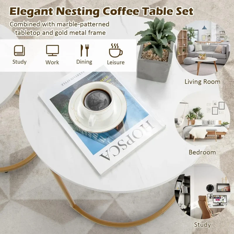 Nesting Coffee Table Set of 2 Modern Gold Frame Mid-Century Modern Tables - Image 5