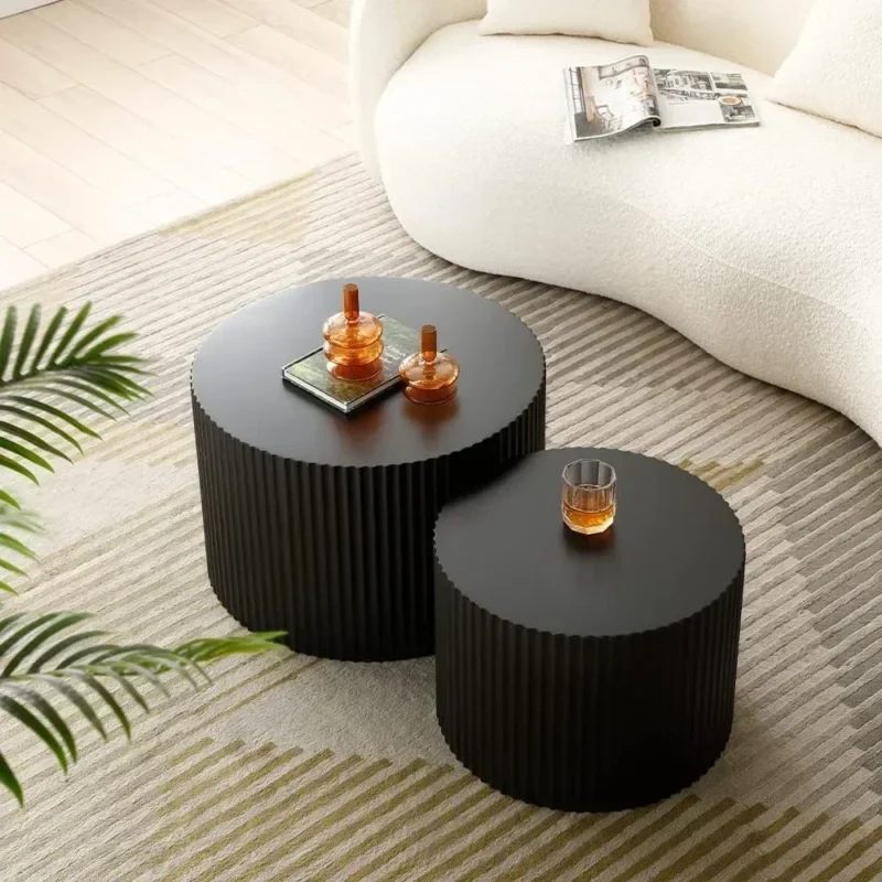 Round Nesting Black Wood Mid-Century Modern Coffee Tables Set of 2 - Image 4