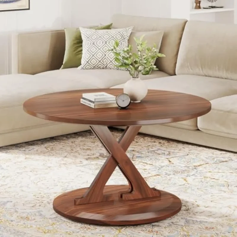 Round Walnut Wood Mid-Century Modern Coffee Table with X-Shaped Base - Image 5