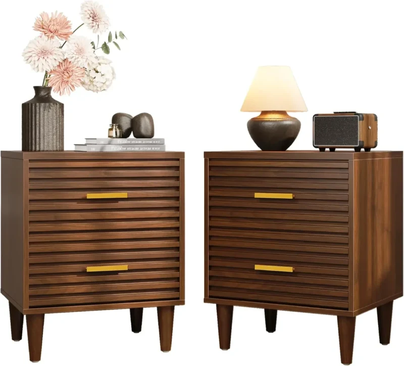 Walnut Wood Mid-Century Modern Nightstands Set of 2 with Storage Drawers - Image 8