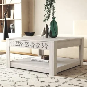 Square Walnut Wood Mid-Century Modern Coffee Table with Storage Drawer