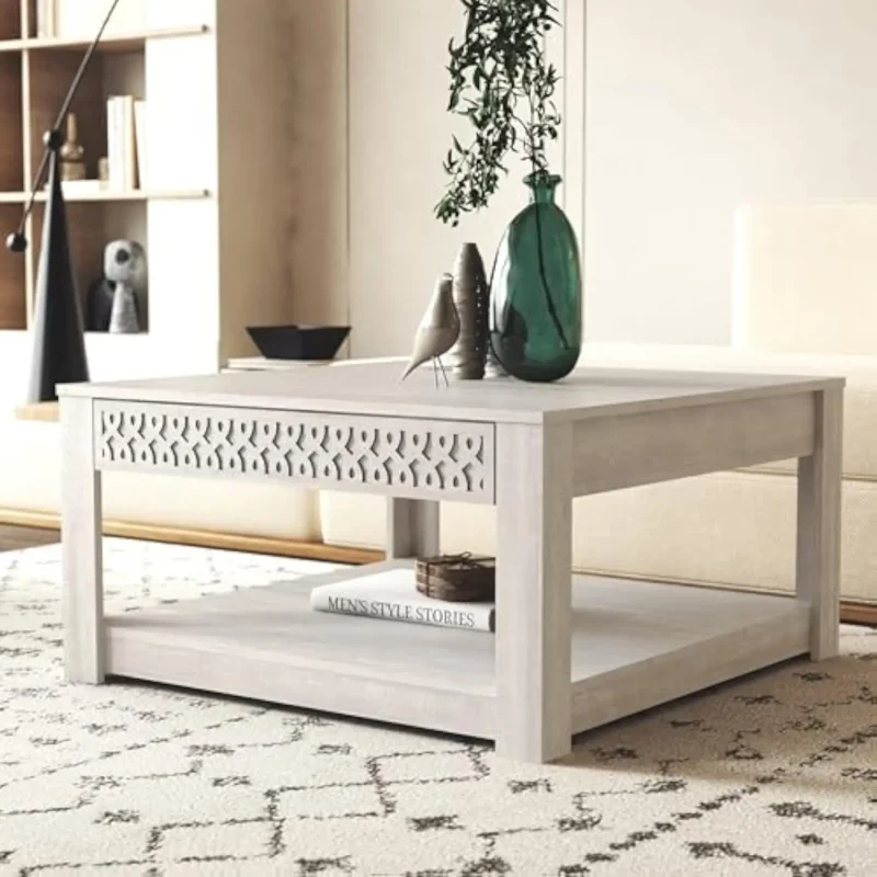 Square Walnut Wood Mid-Century Modern Coffee Table with Storage Drawer