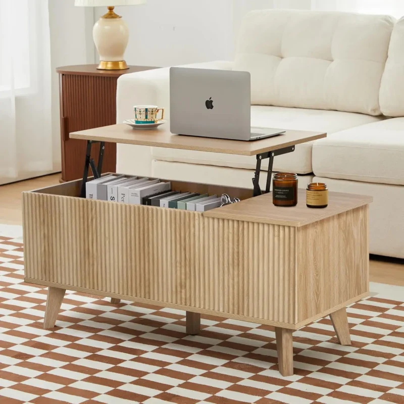 Rectangular Fluted Wood Lift Top Coffee Table with Hidden Storage Compartment - Image 8