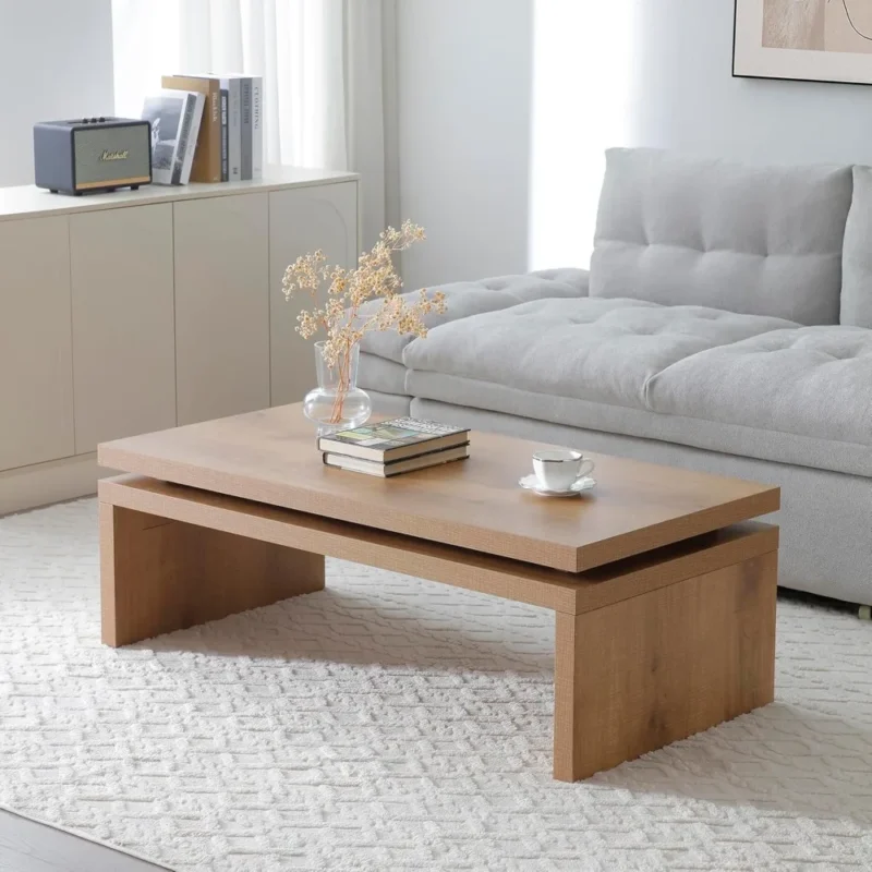 Rectangular Solid Firwood Mid-Century Modern Coffee Table with Natural Finish