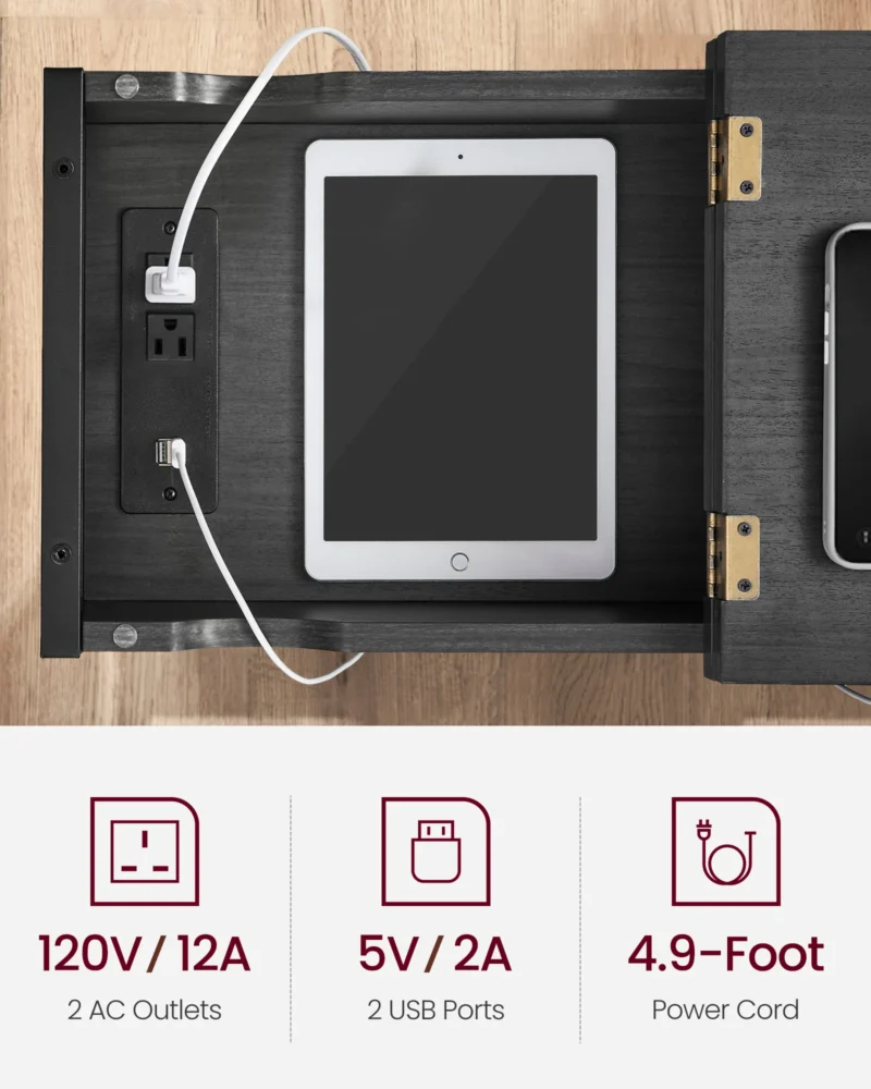 Modern Rectangular Wooden End Table with USB Charging Station and Storage Baskets - Image 5