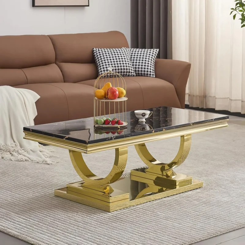 Rectangular White Marble Coffee Table with U-Shaped Stainless Steel Base - Image 10