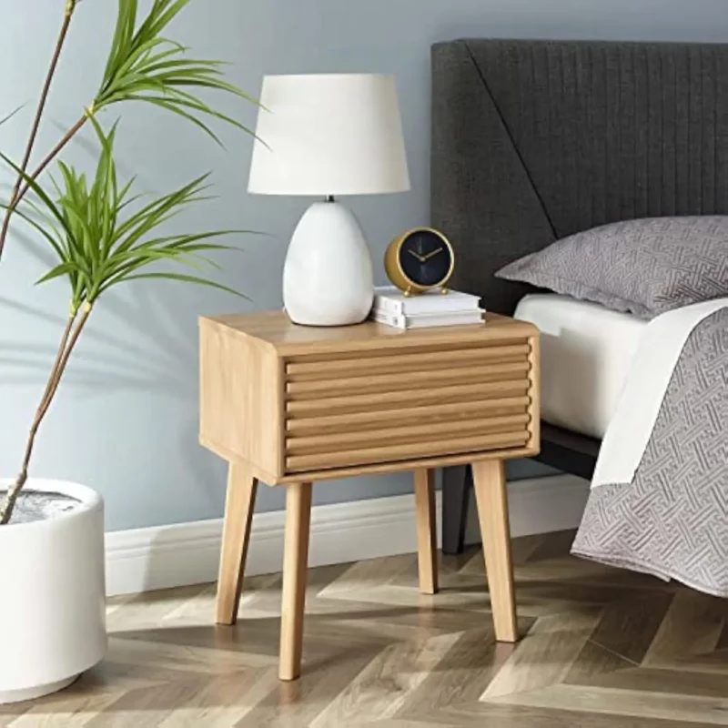 Oak Wood Square Mid-Century Modern Side Table with Storage Shelf - Image 2