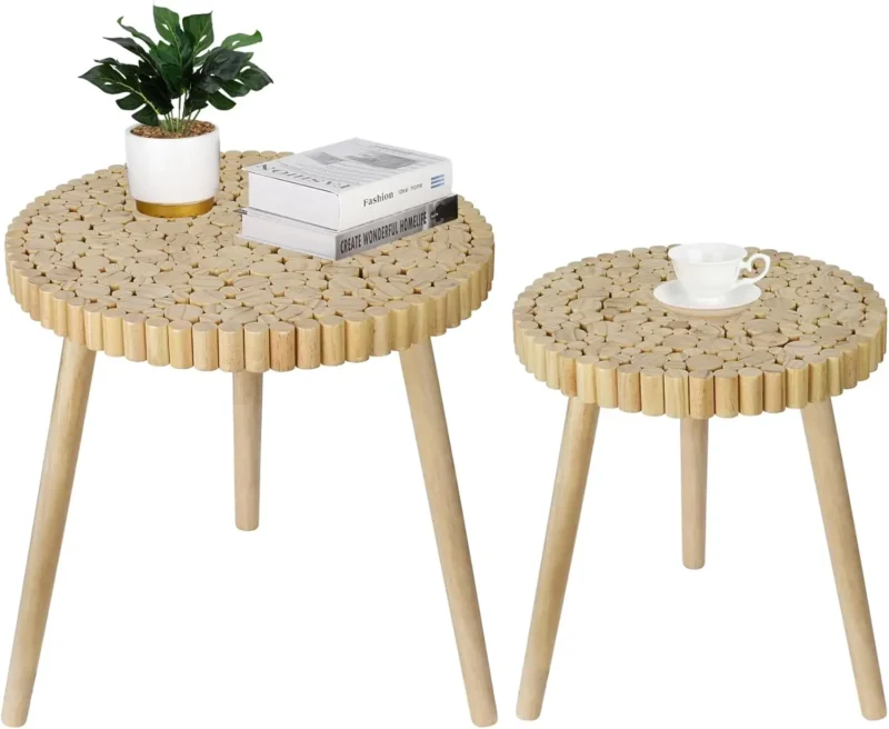 Round Rattan Nesting Coffee Tables Set of 2 Mid-Century Modern Side End Tables - Image 8