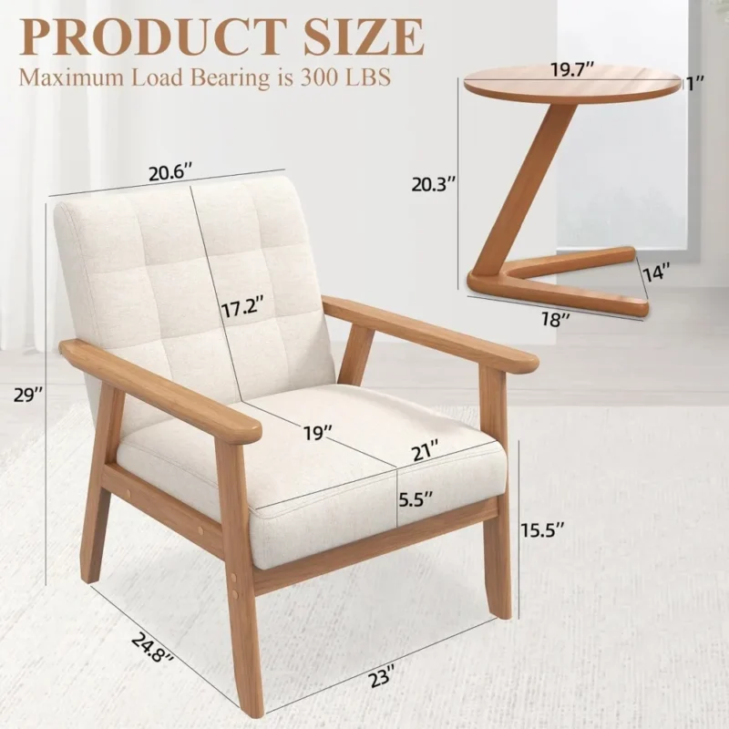 Square Beige Upholstered Mid-Century Modern Accent Chairs with Wood Frame Side Table Set - Image 3