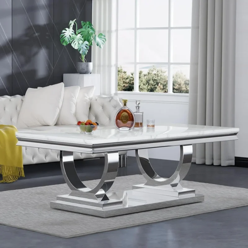 Rectangular White Marble Coffee Table with U-Shaped Stainless Steel Base - Image 12
