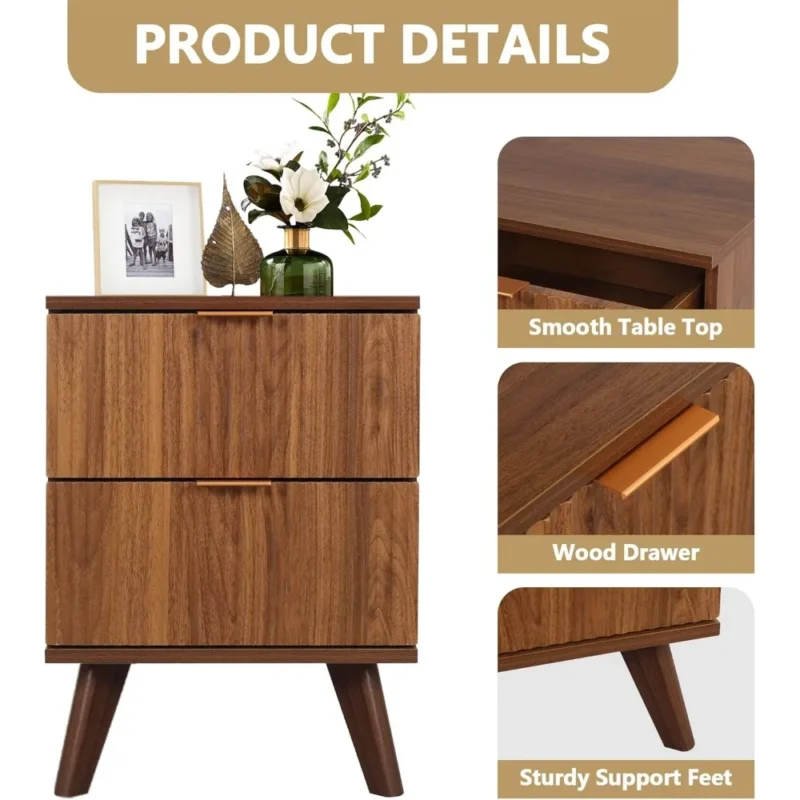 Fluted Walnut Rectangular Mid-Century Modern Nightstand Set with 2 Drawers - Image 6
