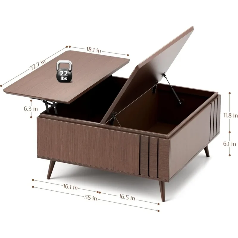 Square Wood Lift-Top Mid-Century Modern Coffee Table with Storage Compartment - Image 2