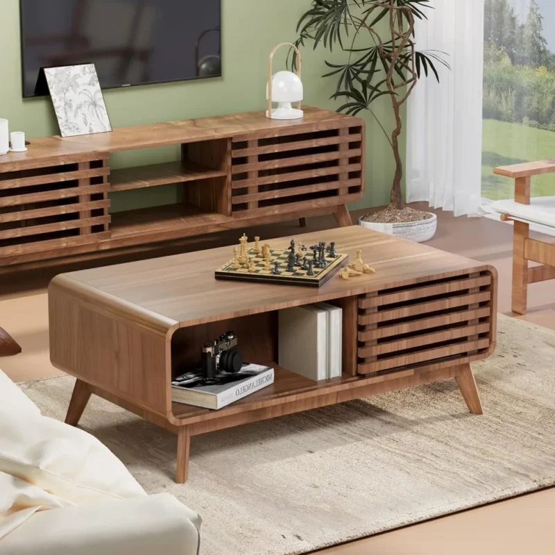 Rectangular Wooden Mid-Century Modern Coffee Table with Storage and Sliding Door - Image 4