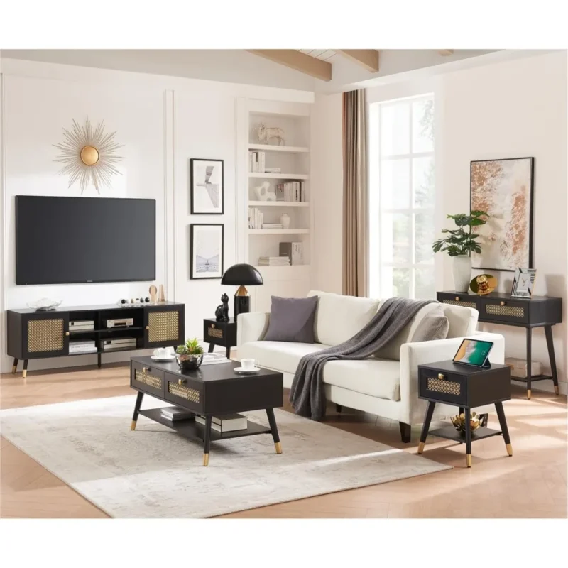 Rectangular Black Wood Mid-Century Modern Coffee Table with Storage Drawers - Image 6