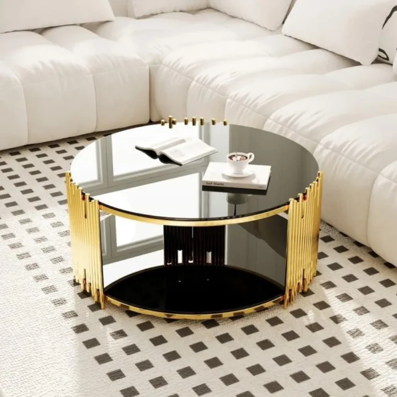 Round Black Glass Mid-Century Modern Coffee Table with Gold Metal Base - Image 5