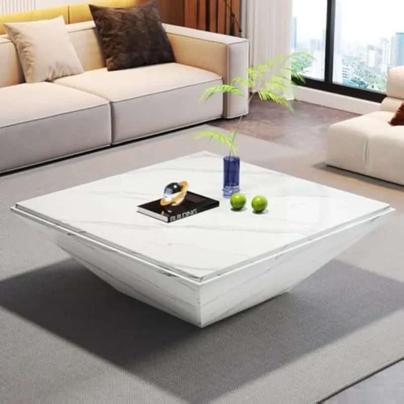 Square Faux Marble Mid-Century Modern Coffee Table with Wooden Base - Image 3