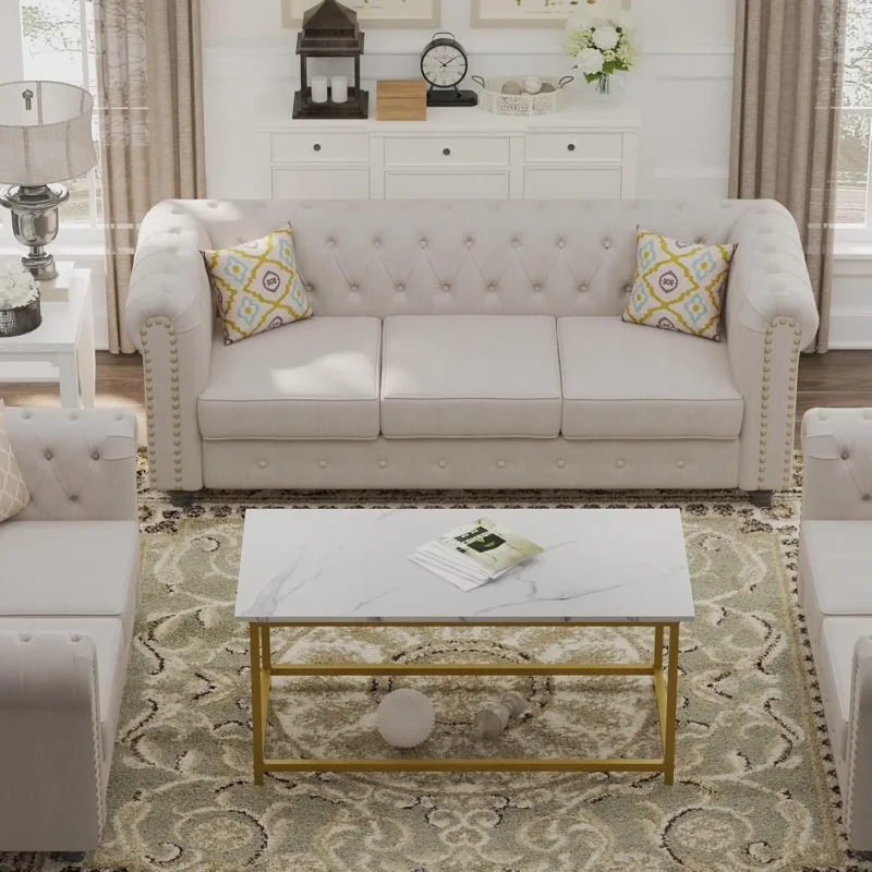 Rectangular White Faux Marble Mid-Century Modern Coffee Table with Open Design - Image 4