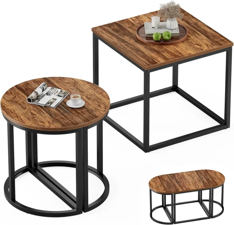Oval Wooden Mid-Century Modern Coffee Table Set with Metal Frame and 2 Side Tables - Image 4