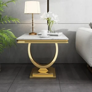 Square White Faux Marble Mid-Century Modern Side Table with Gold Pedestal Base