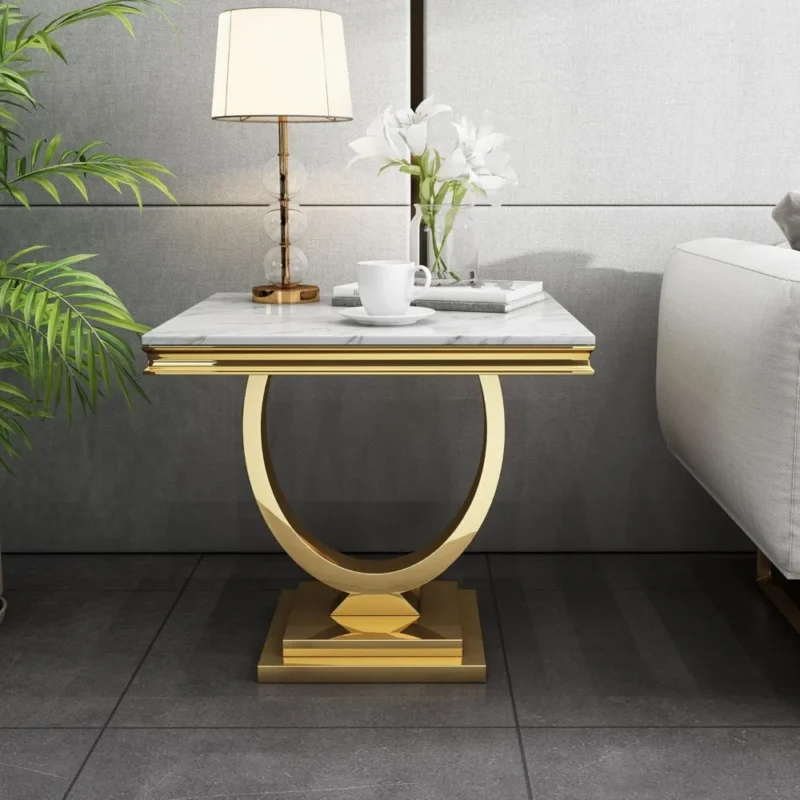 Square White Faux Marble Mid-Century Modern Side Table with Gold Pedestal Base