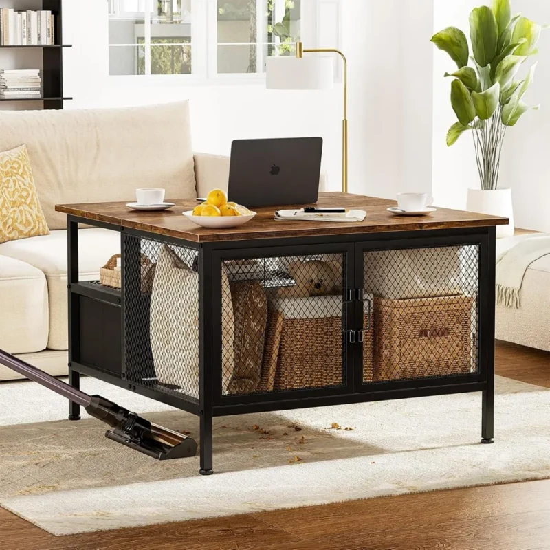 Square Lift-Top Wood Coffee Table with Metal Frame Modern Design - Image 3