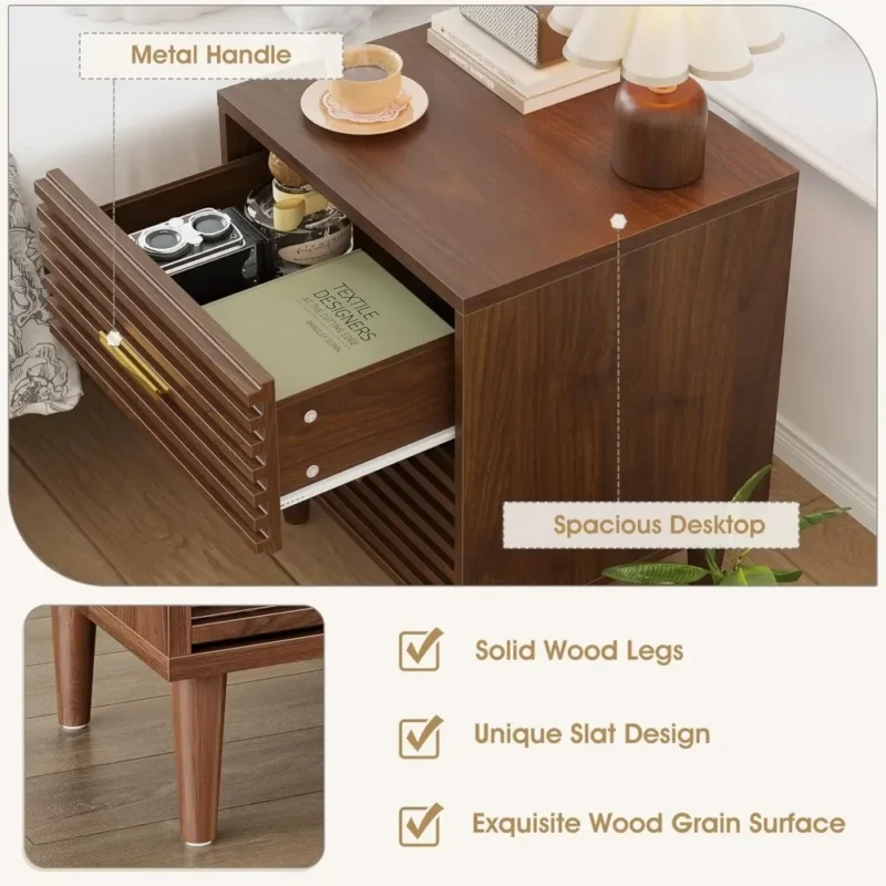 Walnut Wood Mid-Century Modern Nightstands Set of 2 with Storage Drawers - Image 5