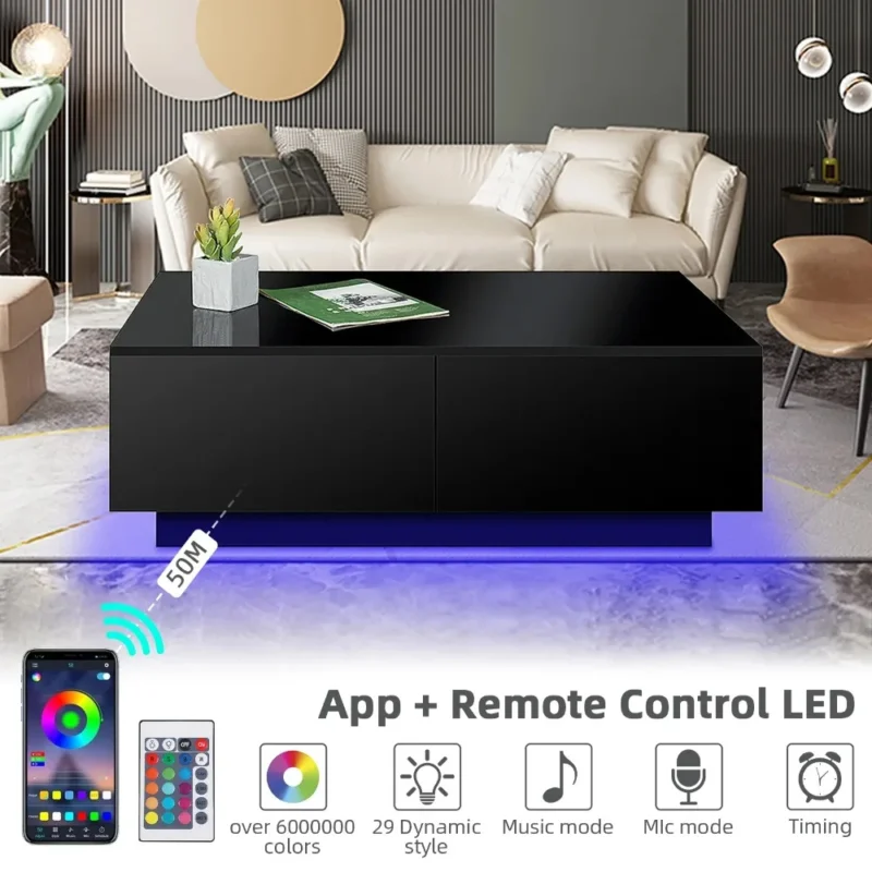 Rectangular Black High Gloss Coffee Table with 4 Drawers Modern Living Room Storage - Image 3