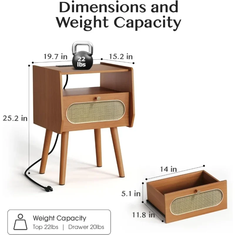 Modern Mid-Century Nightstand Set with Charging Station & Rattan Drawer - Image 2