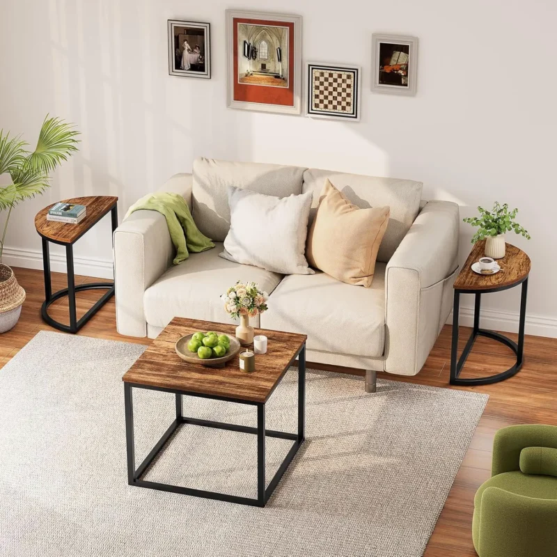 Oval Wooden Mid-Century Modern Coffee Table Set with Metal Frame and 2 Side Tables - Image 6