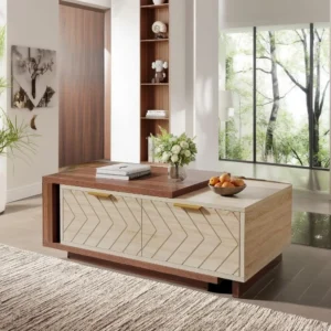 Rectangular Walnut Oak Wood Extendable Coffee Table with Storage Drawers