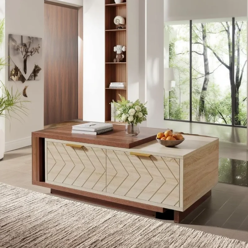 Rectangular Walnut Oak Wood Extendable Coffee Table with Storage Drawers