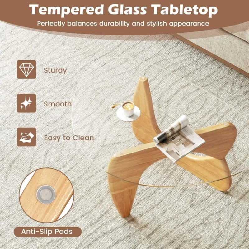 Oval Tempered Glass Mid-Century Modern Coffee Table with Rubber Wood Base - Image 5