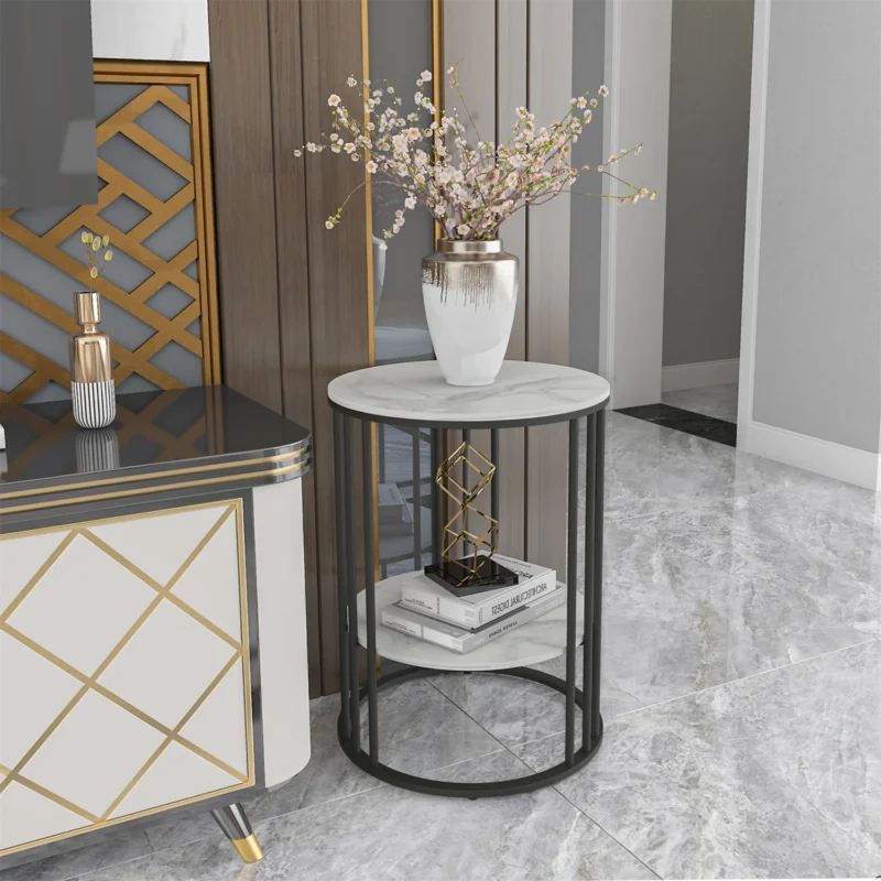 Round White Sintered Stone Two-Tier Side Table with Black Metal Frame - Image 7