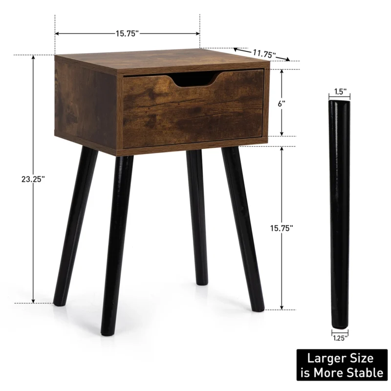 Set of 2 Wood Drawer Side Tables Mid-Century Modern Nightstands Rustic Brown - Image 4